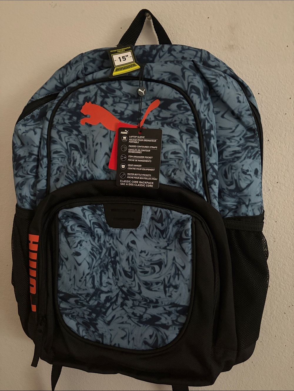 Puma Blue Marble Backpack with Red Logo